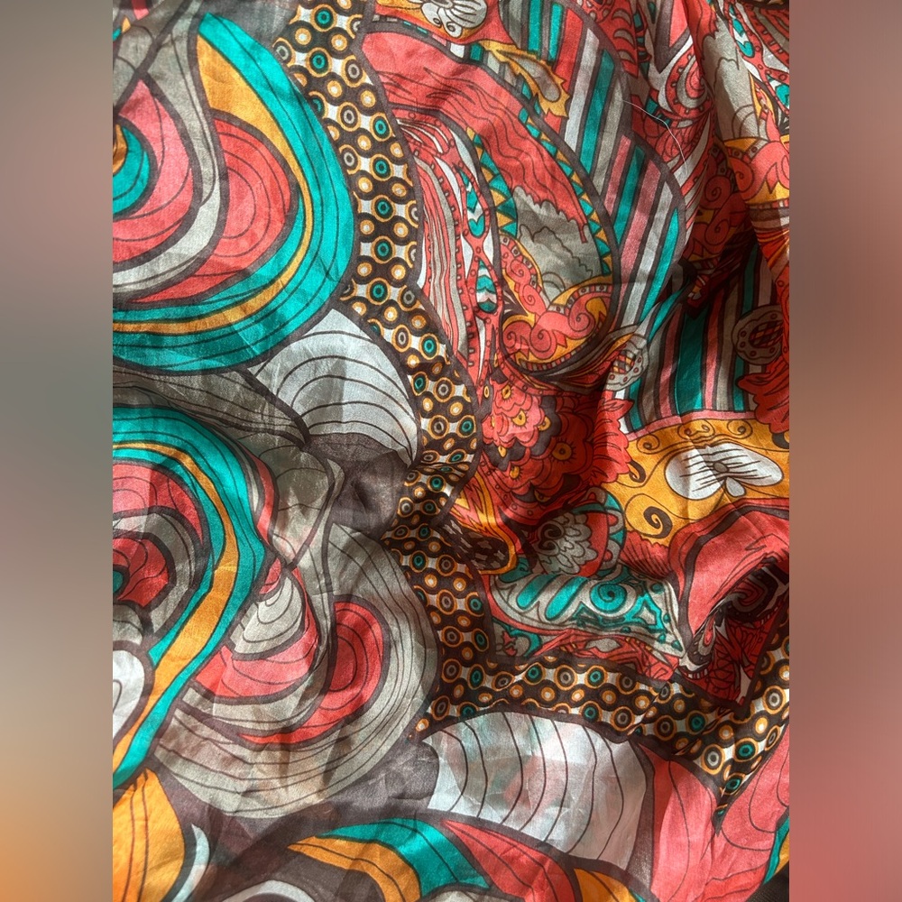 NWT Multicolor orange brown green light summer spring 100% silk straight scarf